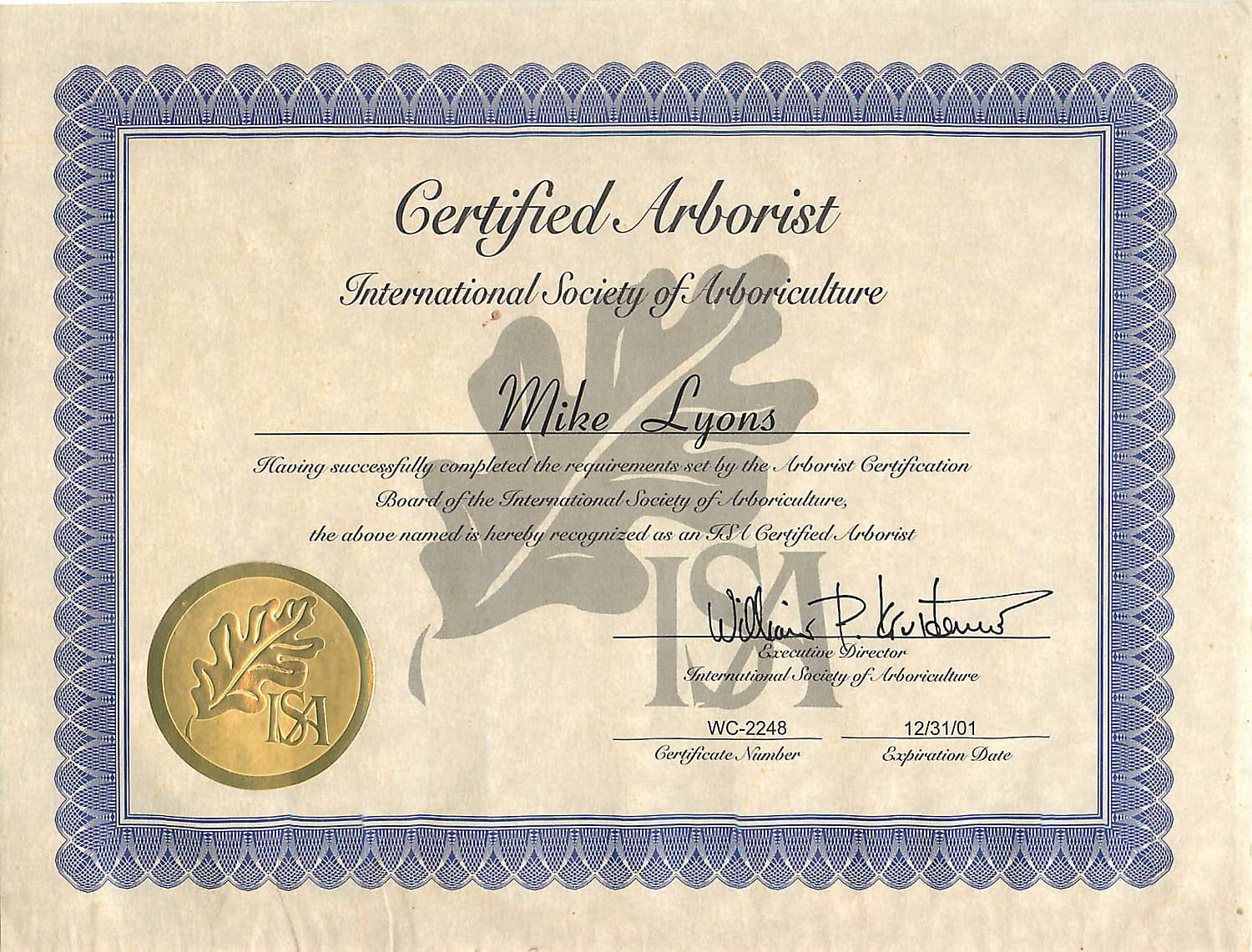 Certified Arborist in Northern CA- Mike Lyons - Certificate